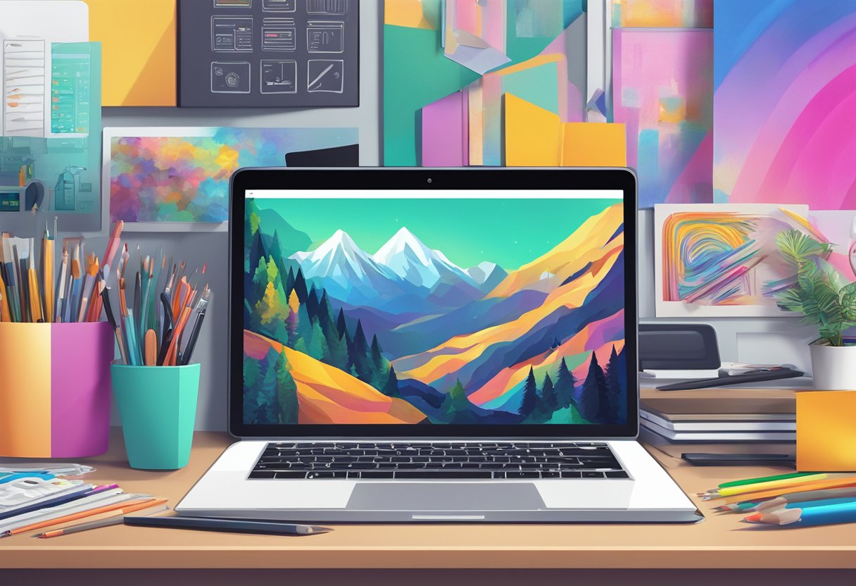 A laptop sits open on a desk, surrounded by art supplies and digital drawing tools. The screen displays a vibrant, detailed digital artwork, while social media icons and a website are visible in the background