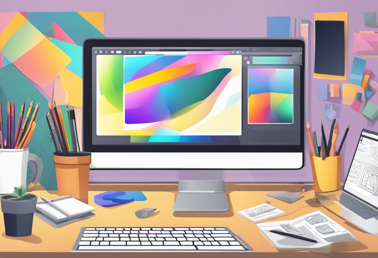 A computer screen displaying various digital art pieces, a tablet and stylus, art software open, and a desk with art supplies