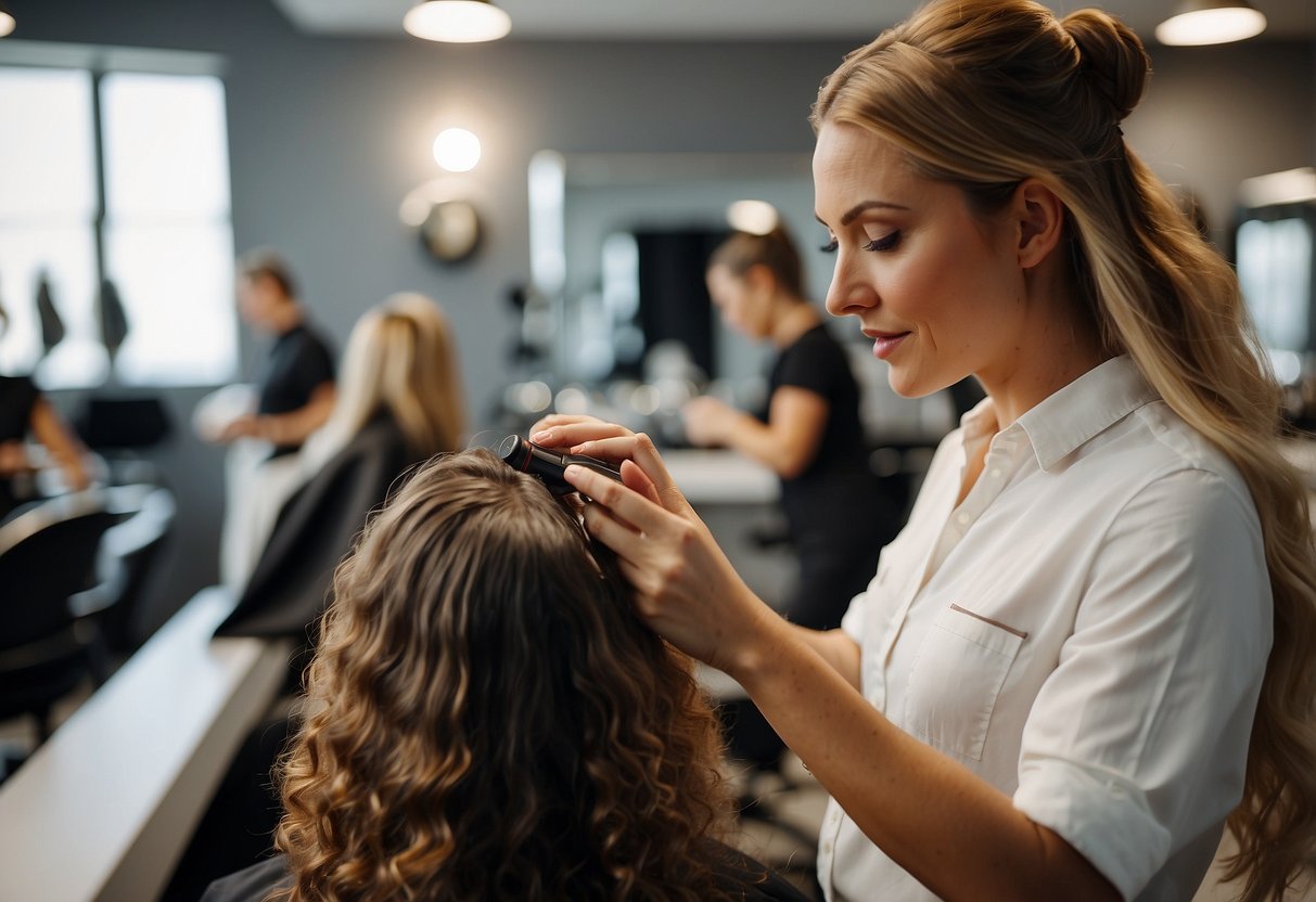 A hair stylist applying heat protectant spray before using a flat iron on a section of hair