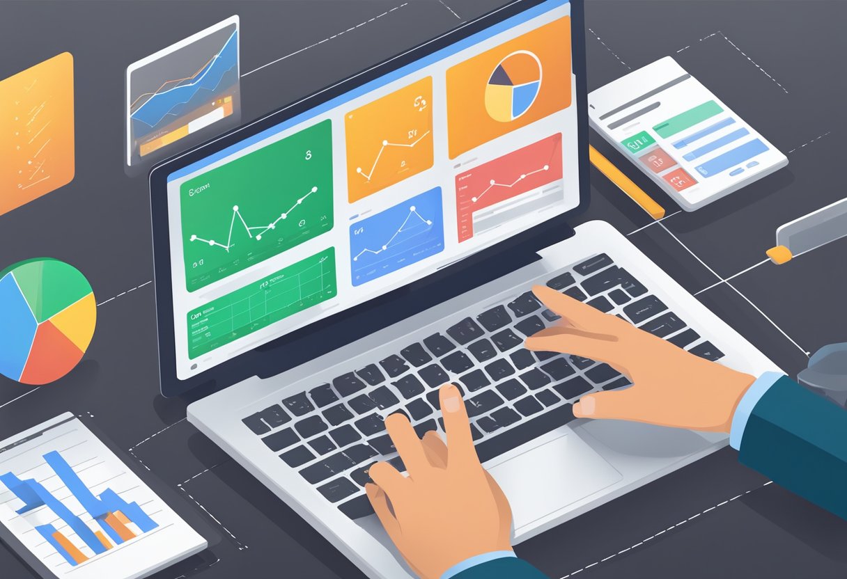 A laptop displaying Google Analytics dashboard with various data charts and graphs. A person's hand using a mouse to navigate the interface