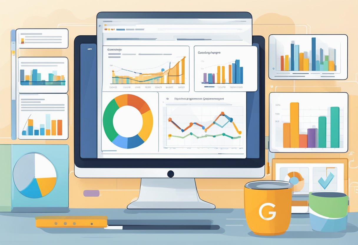 A computer screen displays Google Analytics data with marketing goals outlined. Charts and graphs show website traffic and user engagement