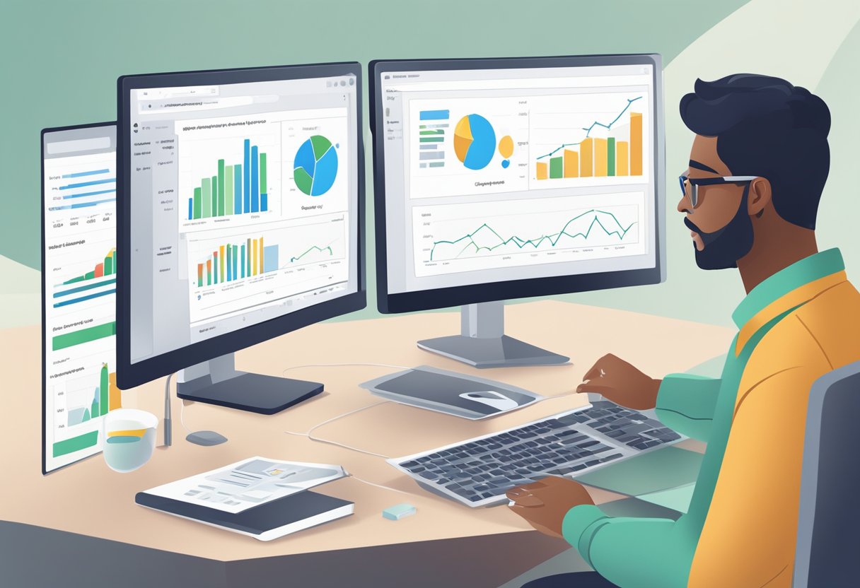 A person analyzing data on a computer screen with Google Analytics charts and graphs displayed