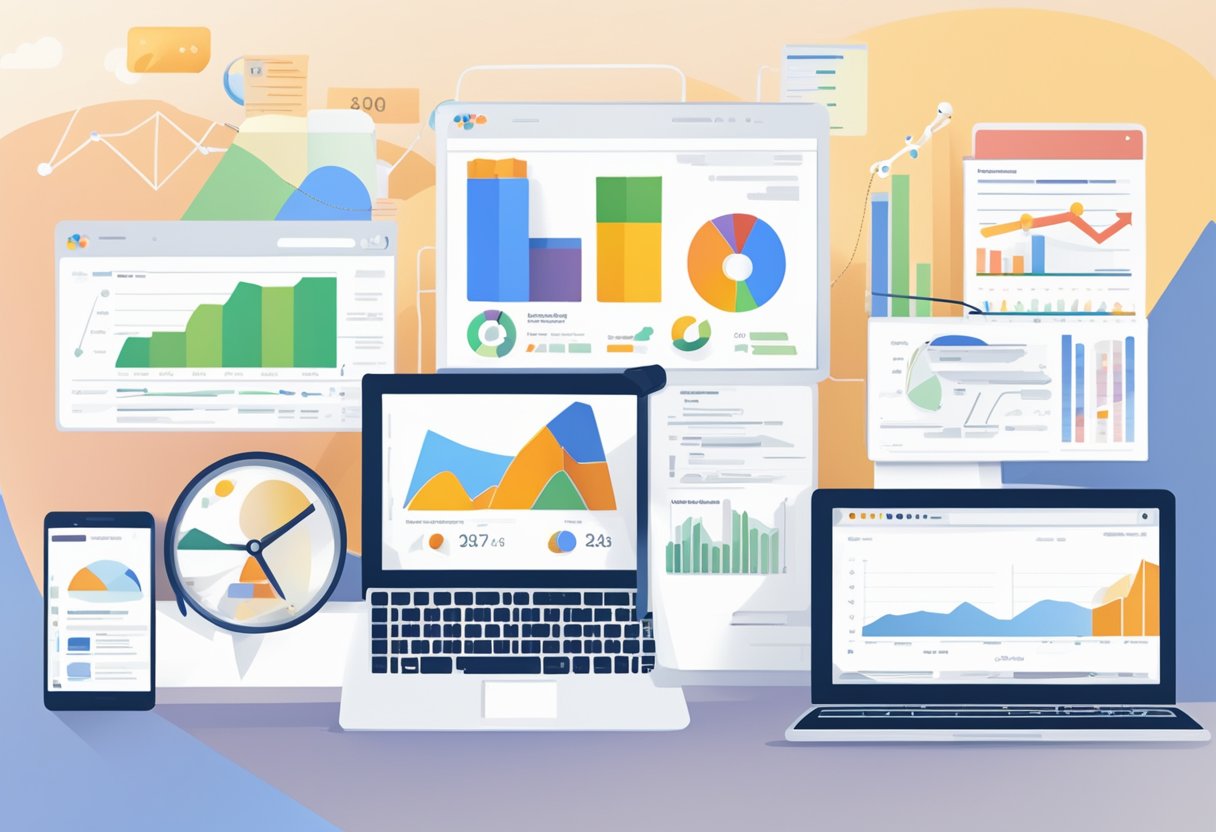 A laptop displaying Google Analytics data with various website metrics, a marketing strategy document, and a graph showing user acquisition trends