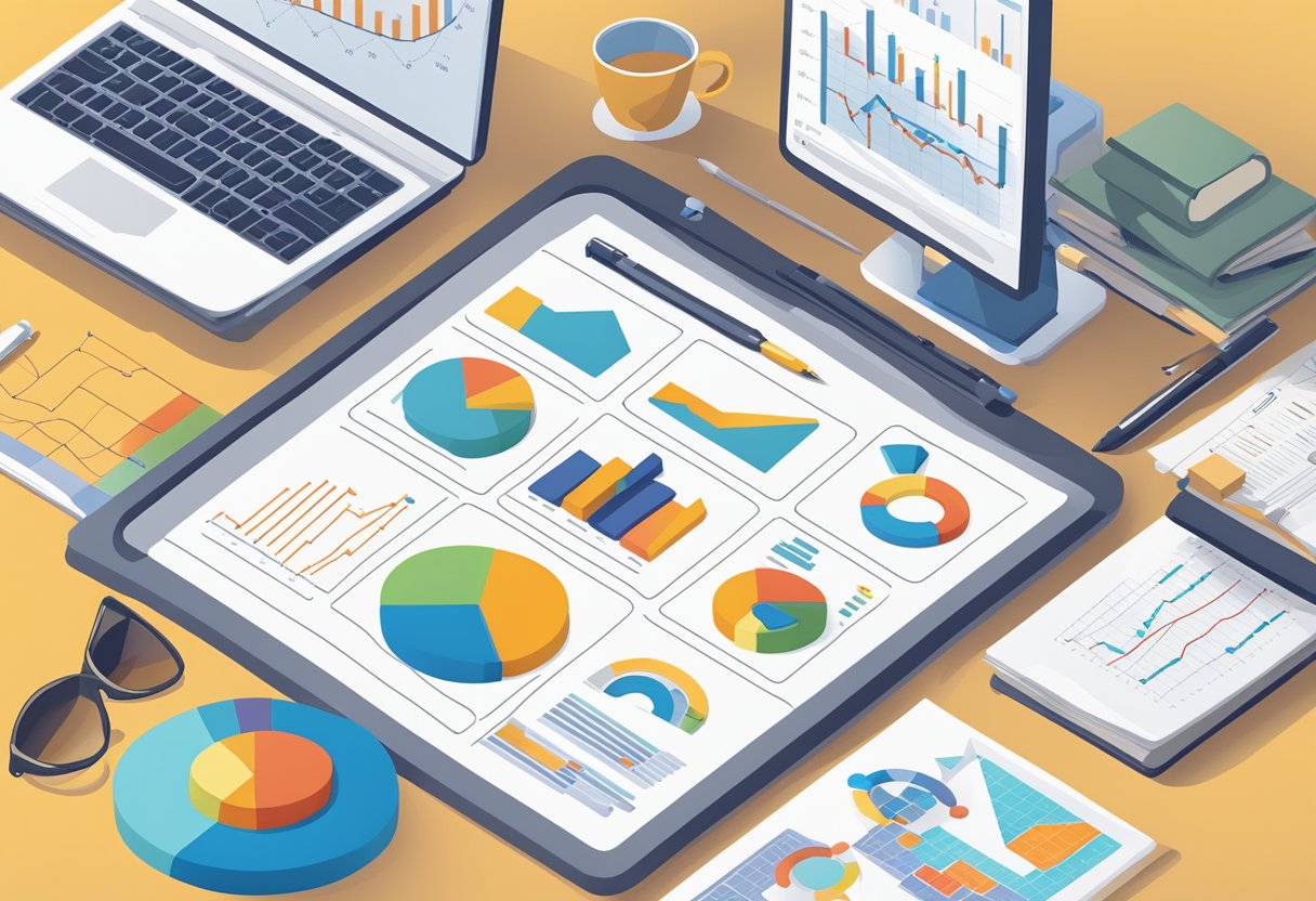 A computer screen displaying Google Analytics data with charts and graphs, a notepad with marketing strategy notes, and a pen