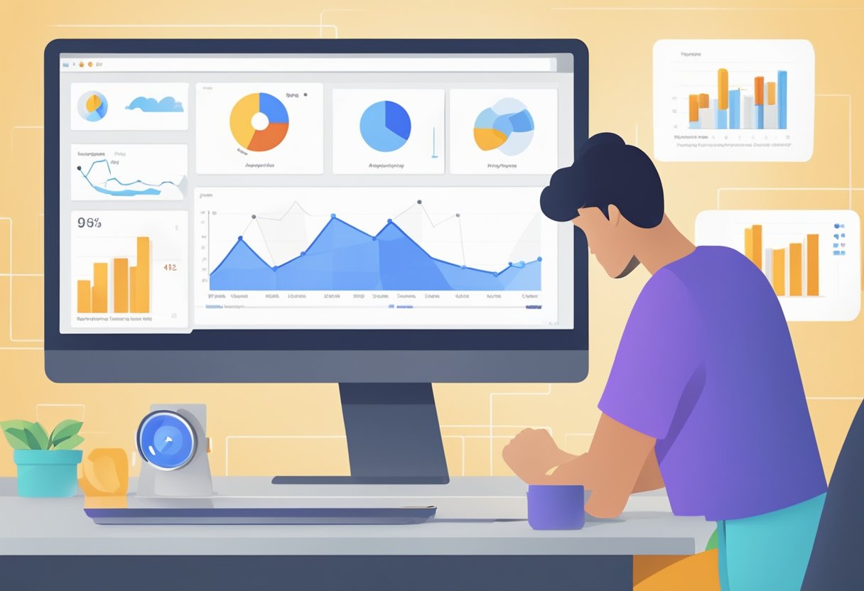 A computer screen displaying Google Analytics data with a graph showing improved conversion rates. The user is adjusting settings and analyzing data