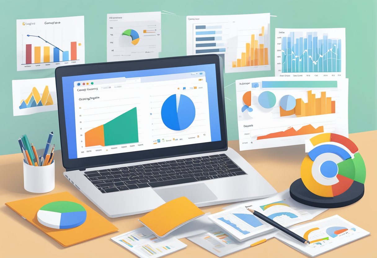 A laptop displaying Google Analytics data with graphs and charts, surrounded by marketing materials and a strategy whiteboard