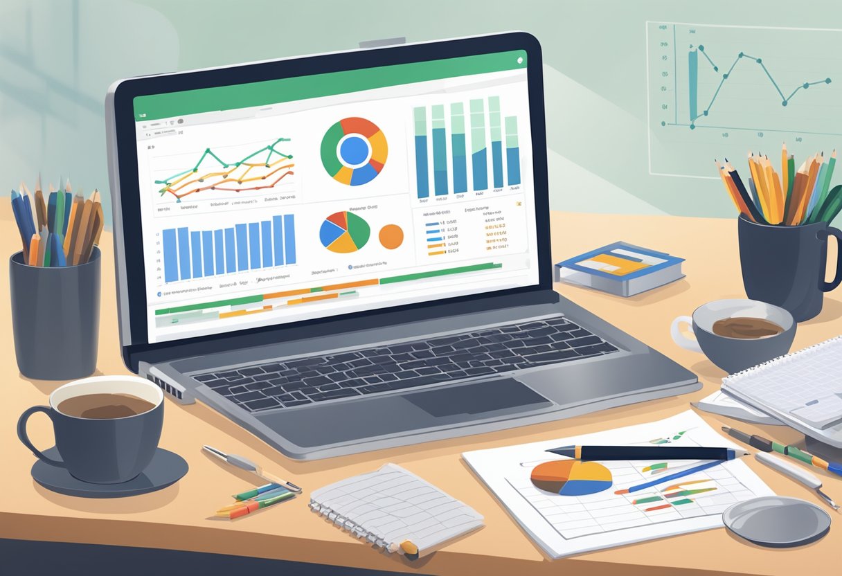 A computer screen displaying Google Analytics data with charts and graphs, a notepad with marketing strategy notes, and a cup of coffee on a desk