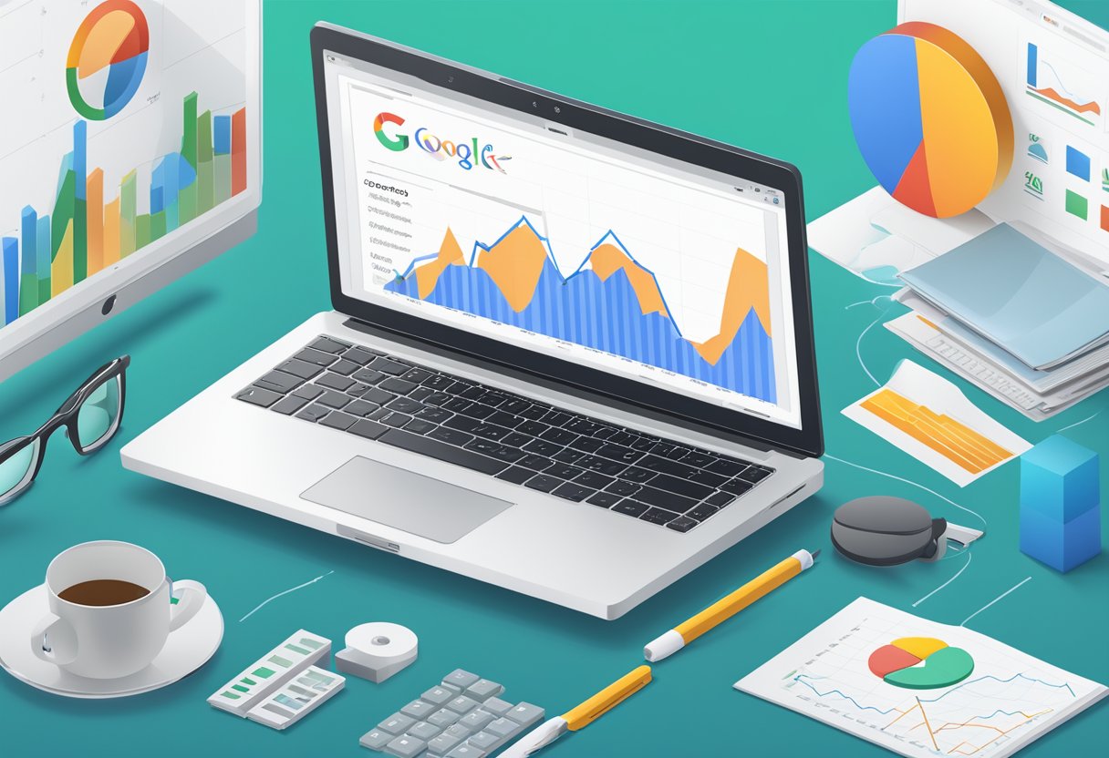 A laptop displaying Google Analytics data, with a graph showing increasing ROI, surrounded by marketing materials