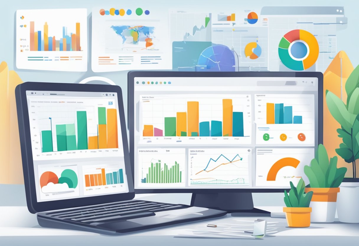 A computer screen showing Google Analytics data with various graphs and charts, a person taking notes, and a smartphone with marketing strategy documents open