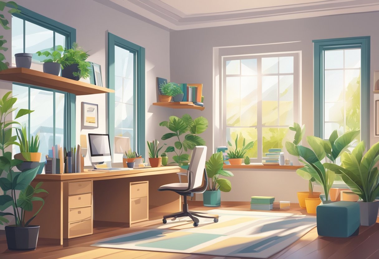 A cozy home office with a desk, computer, and printer. Shelves filled with colorful planners and stationery. A sunny window with plants