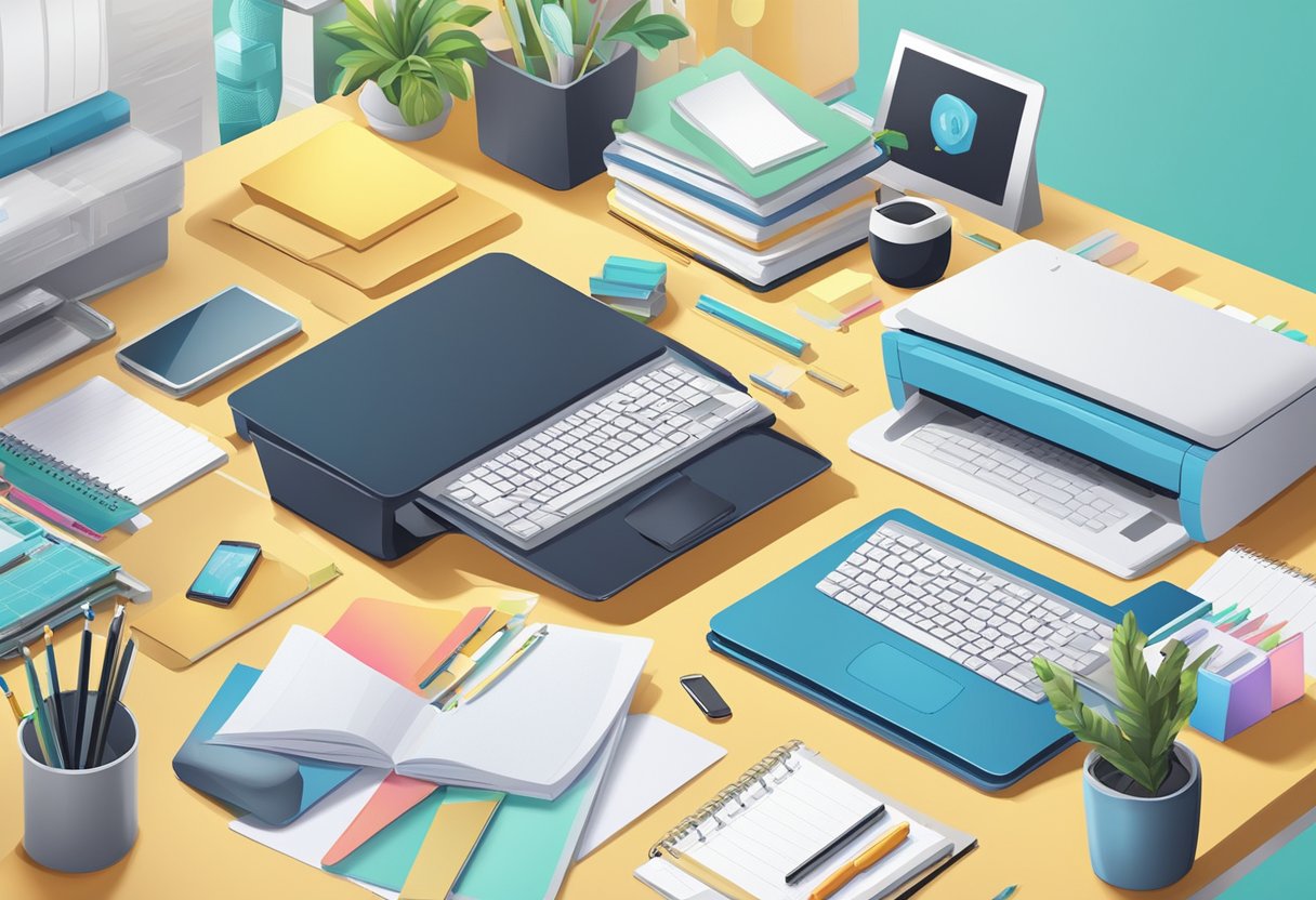 A desk with a computer, printer, and planner supplies. A stack of printed planners on the side. Bright and organized workspace