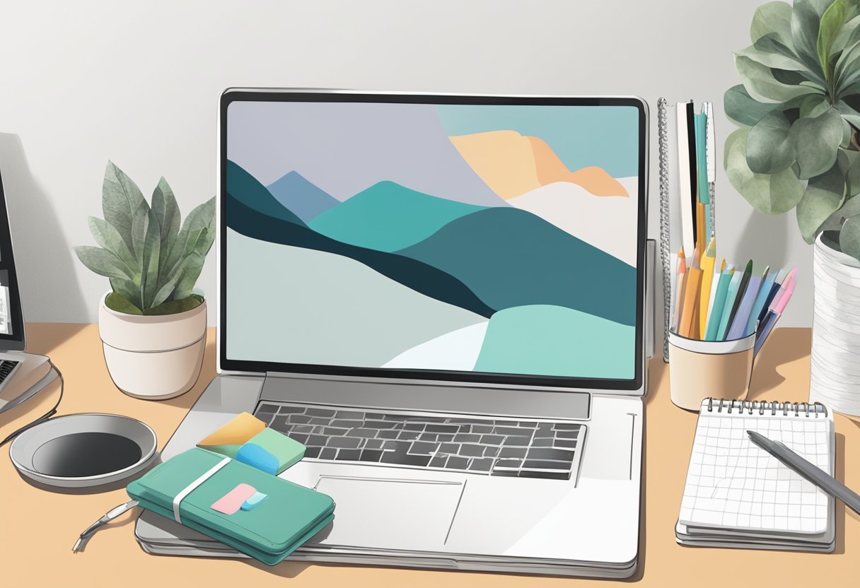 A desk with a computer, tablet, and planner supplies. A stack of printed planners and a laptop with Etsy website on the screen