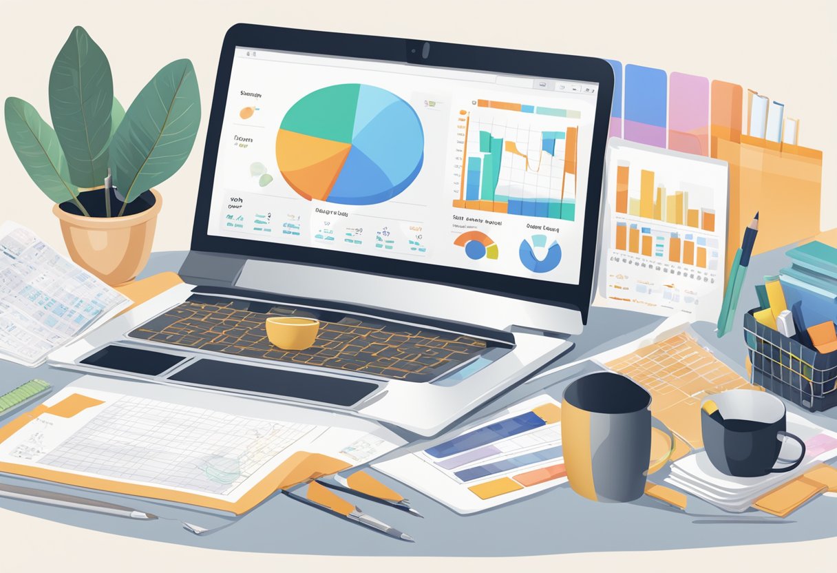 A desk with a laptop, planner samples, and Etsy website open, surrounded by charts and graphs showing pricing and profit strategies