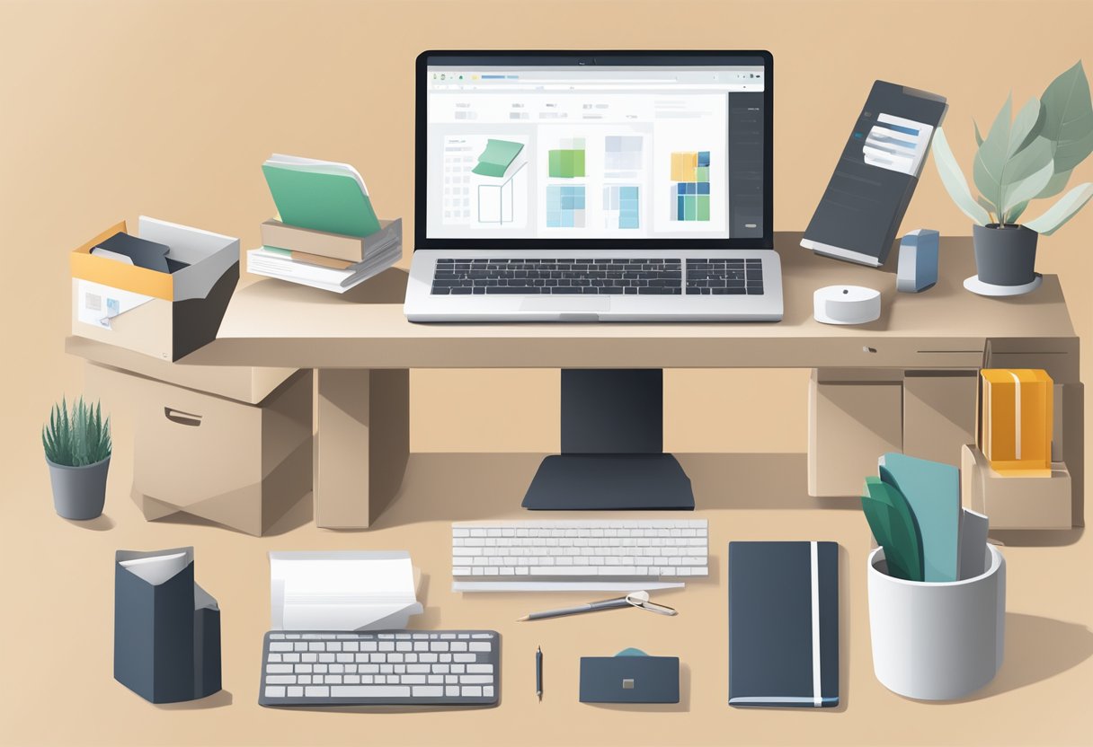 A desk with a computer, printer, and planner samples. Packaging materials and shipping boxes nearby. Etsy logo displayed on computer screen