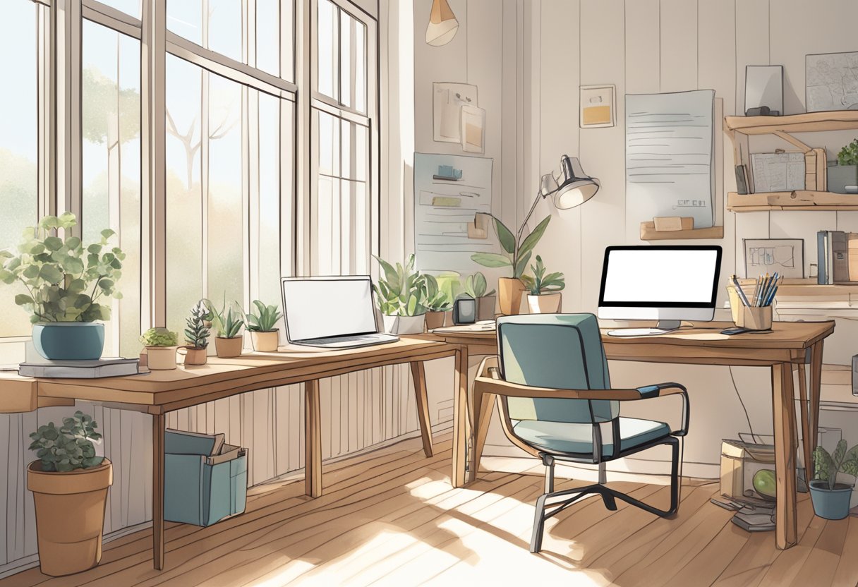 A desk with a computer, planner supplies, and Etsy website on screen. Light streaming in from a window, creating a cozy workspace