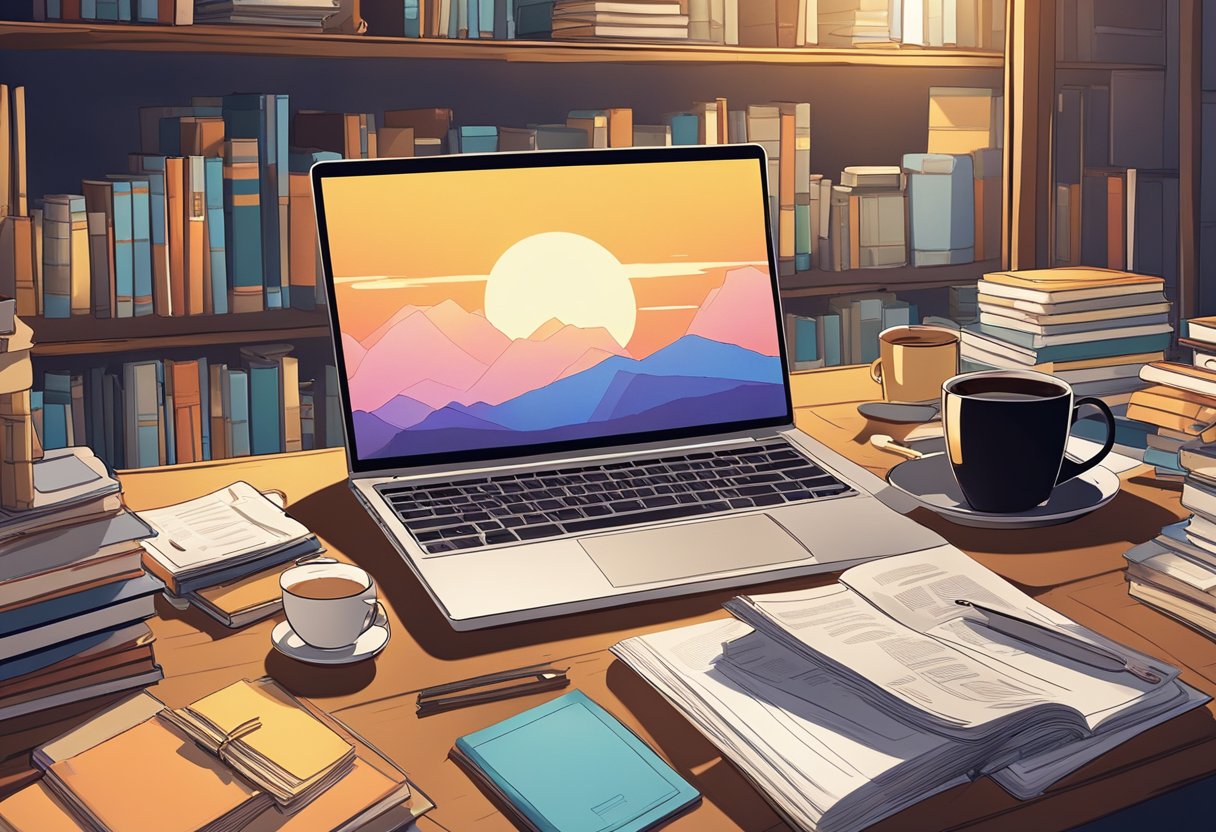 A laptop sits open on a cluttered desk, surrounded by stacks of books and papers. A cup of coffee steams nearby as the morning light streams through the window, casting a warm glow over the scene