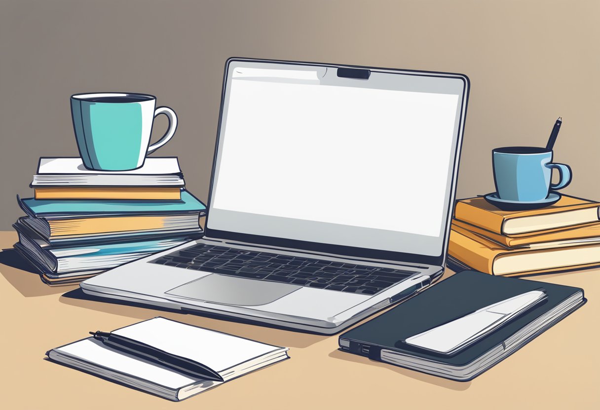 A laptop with a blank screen sits on a desk next to a stack of books and a cup of coffee. A pen and notebook are open, ready for writing