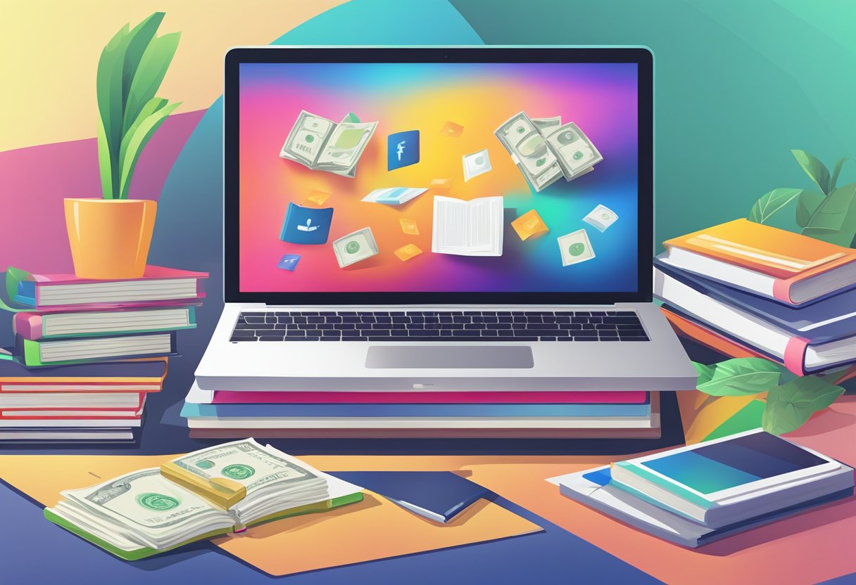 A laptop sits open on a desk, displaying a colorful ebook cover. A stack of books and a pen are nearby, with a money symbol in the background