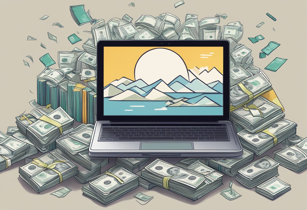 A laptop displaying a digital book cover, surrounded by marketing materials and a stack of cash, symbolizing the potential profits from selling e-books