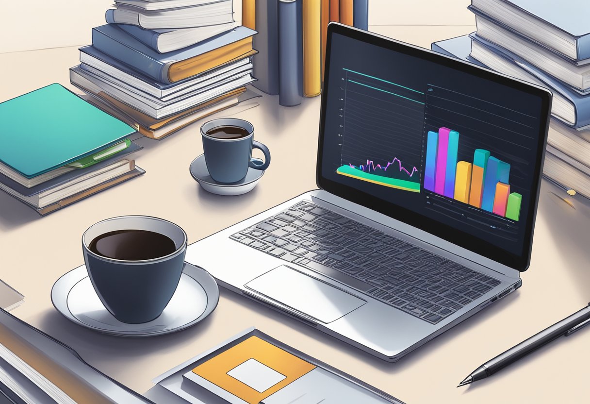 A laptop sits on a desk surrounded by stacks of books. A pen and notepad are nearby, along with a cup of coffee. The laptop screen displays a graph showing increasing ebook sales