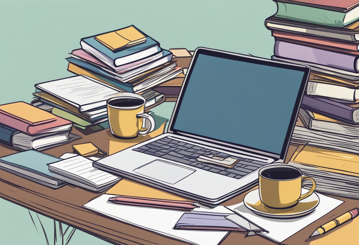 A laptop sits open on a desk, surrounded by stacks of books and papers. A pen and notebook are nearby, ready for jotting down ideas. A cup of coffee steams in the background as the writer prepares to monetize their e-book