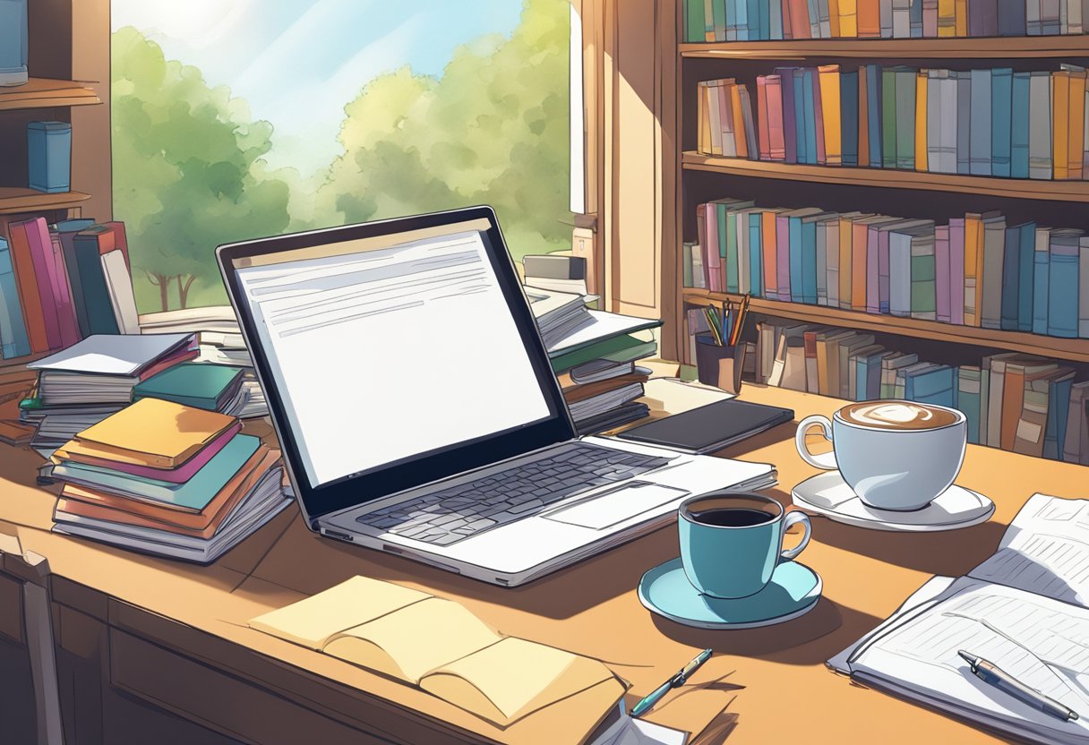 A laptop sits open on a cluttered desk, surrounded by stacks of books and papers. A pen and notebook are nearby, along with a cup of coffee. The window shows a bright, sunny day outside