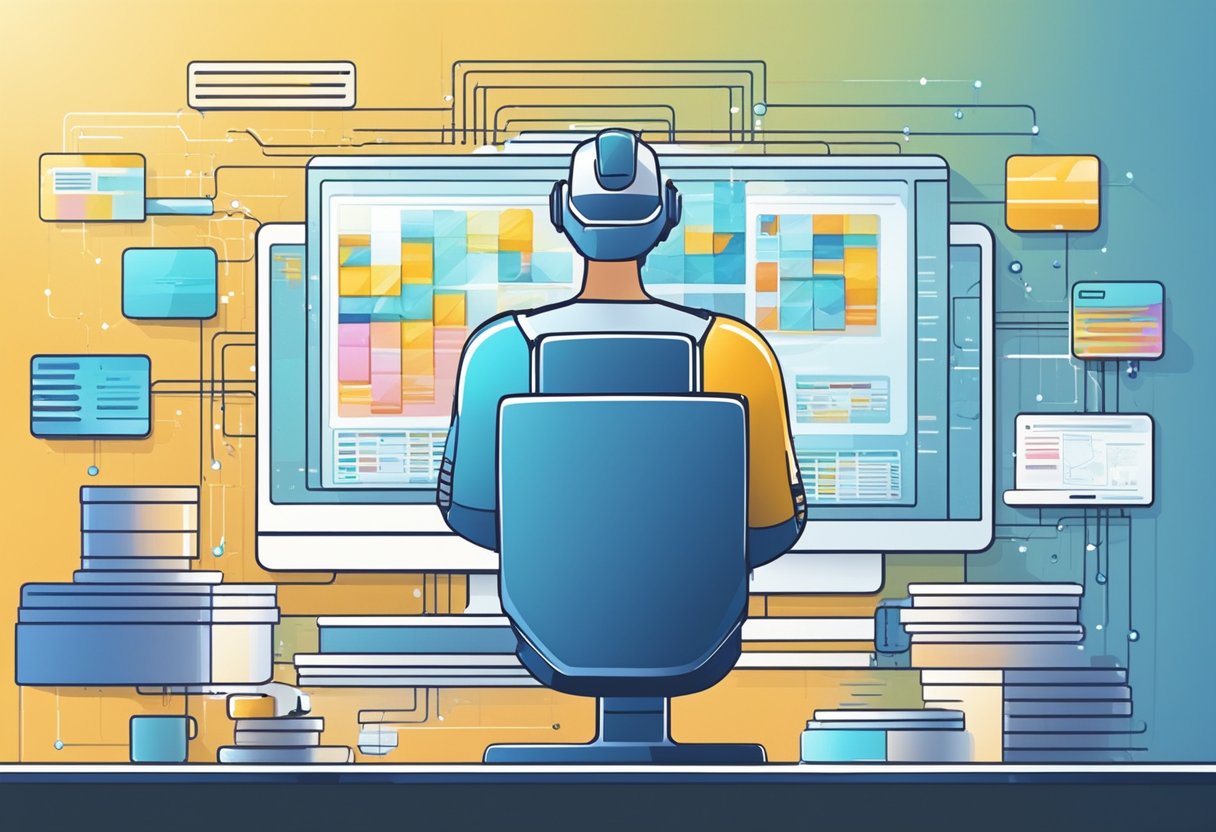 AI algorithms processing data, automating tasks, and optimizing online business operations. Visualize AI technology in action, streamlining processes and enhancing efficiency