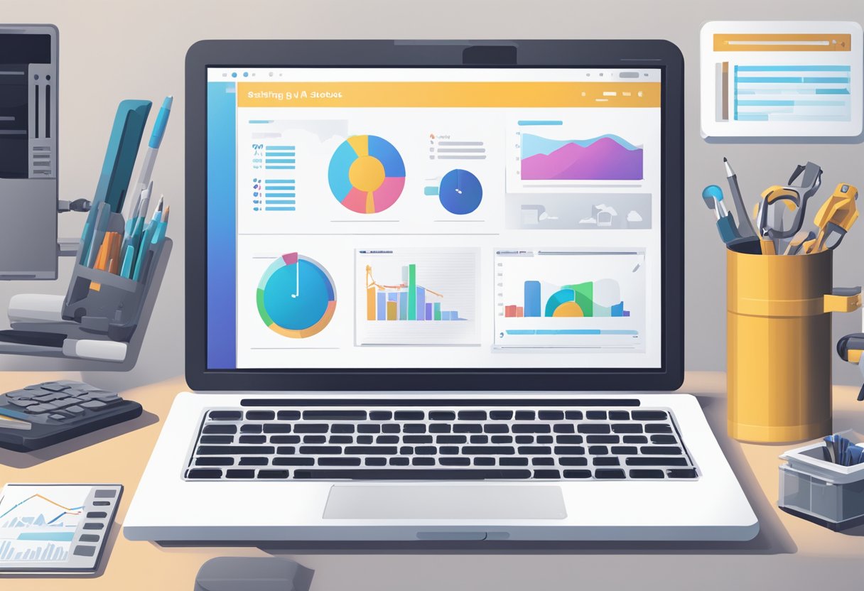 A desk with a computer, tablet, and various AI tools. A book titled "Setting Up Your AI Toolbox" open to a page on automating online business