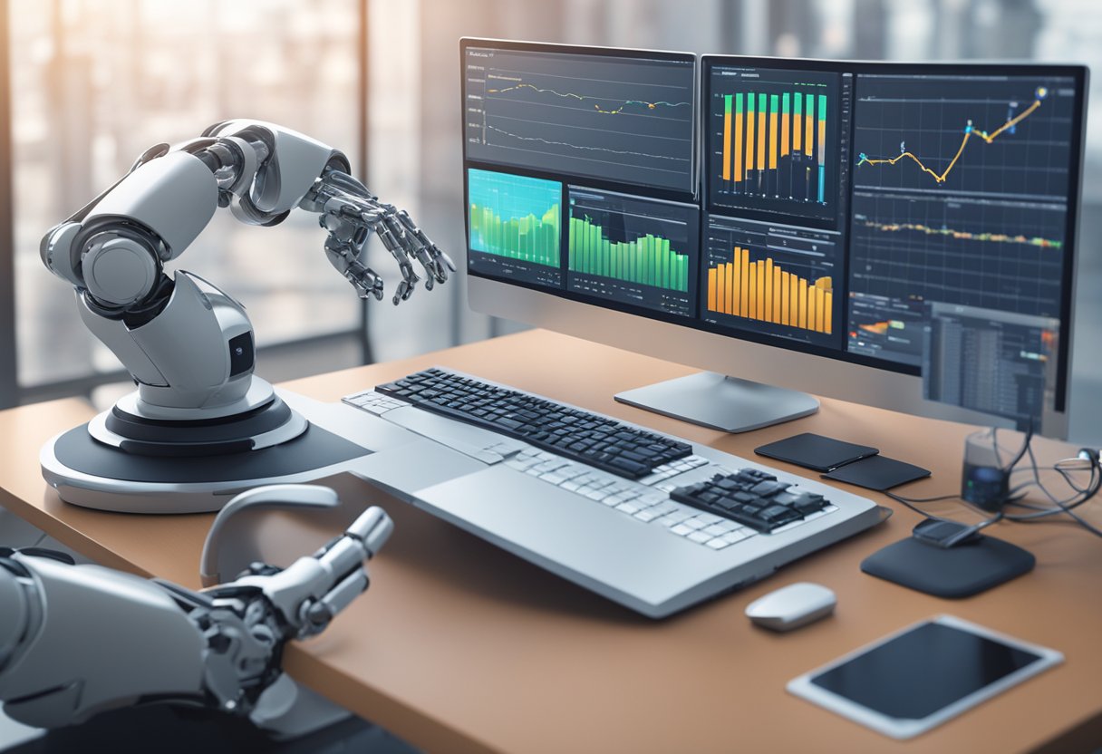 A computer screen displays data charts and graphs. A robot arm hovers over a keyboard, ready to input decisions based on AI analysis