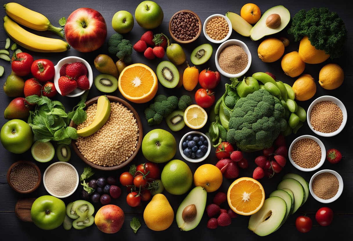 Why Is Meal Planning So Important: A table with a variety of fresh fruits, vegetables, grains, and proteins laid out in an organized and visually appealing manner