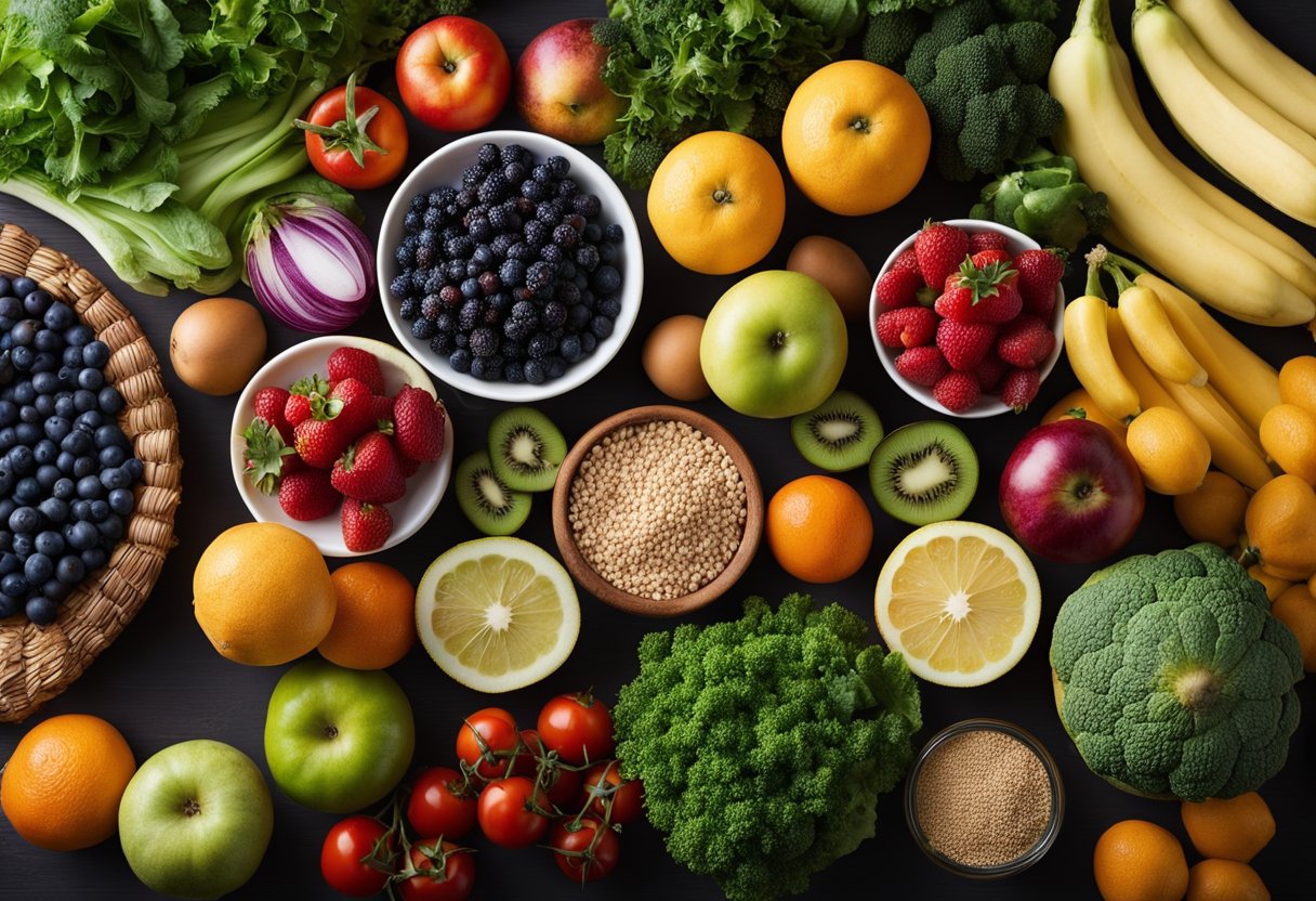 Why Is Meal Planning So Important: A kitchen counter with a variety of fresh fruits, vegetables, grains, and protein sources laid out neatly for meal planning