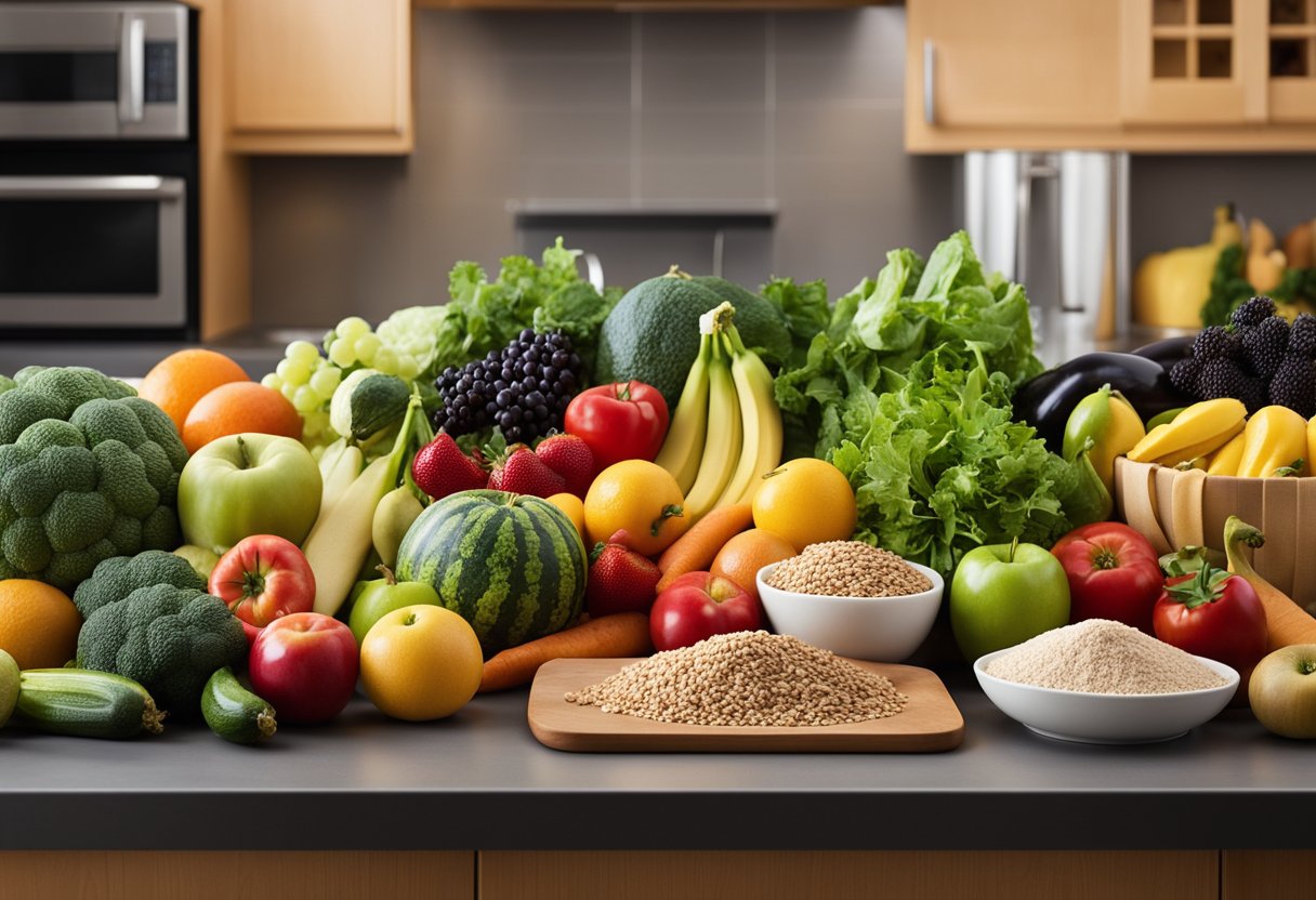 Why Is Meal Planning So Important: A colorful array of fresh fruits, vegetables, whole grains, and lean proteins arranged on a kitchen counter, with a meal plan and nutrition guide nearby