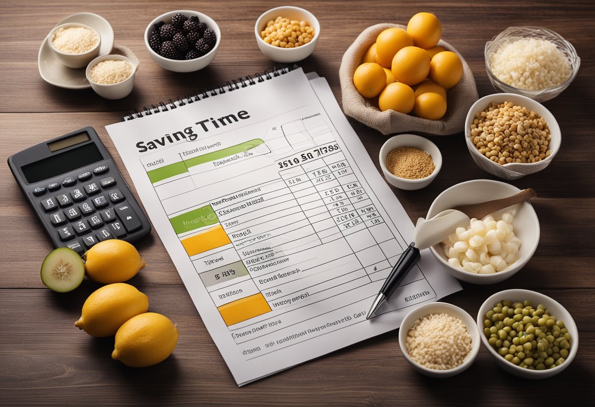 Why Is Meal Planning So Important: A table with various meal ingredients, a budget sheet, and a calculator. Graphs showing savings over time