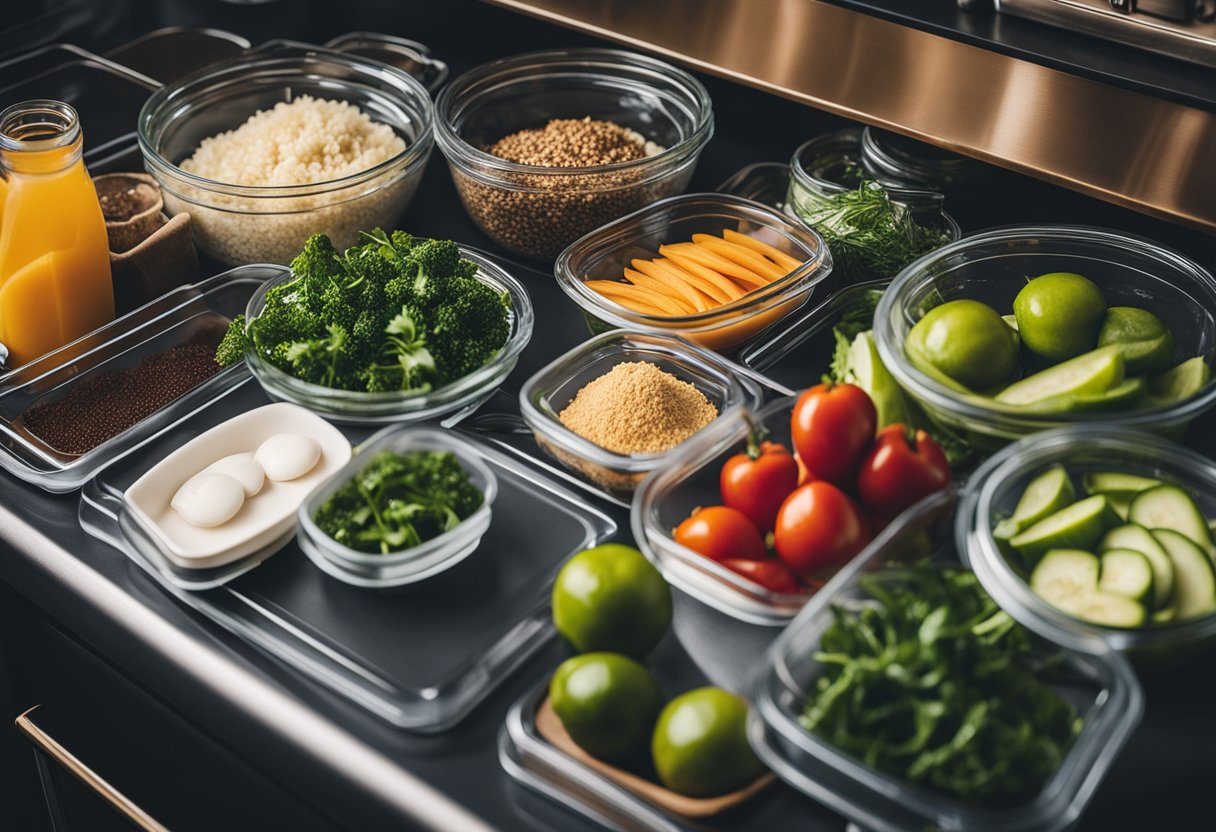 Easy Meals for Meal Planning: A neatly organized kitchen counter with prepped ingredients, a meal planner, and labeled containers for easy meal prep