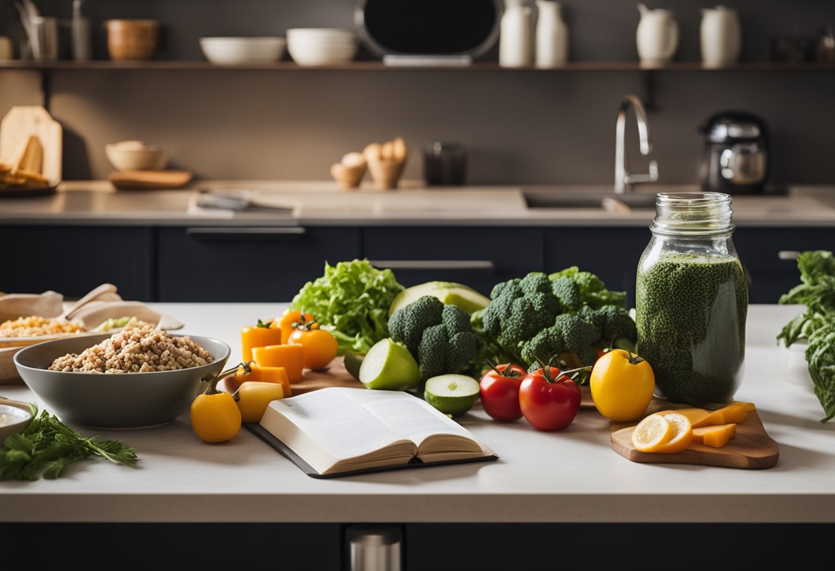 Easy Meals for Meal Planning: A kitchen counter with fresh ingredients, a cutting board, and a meal planning book open to a page titled "The Fundamentals of Meal Planning."