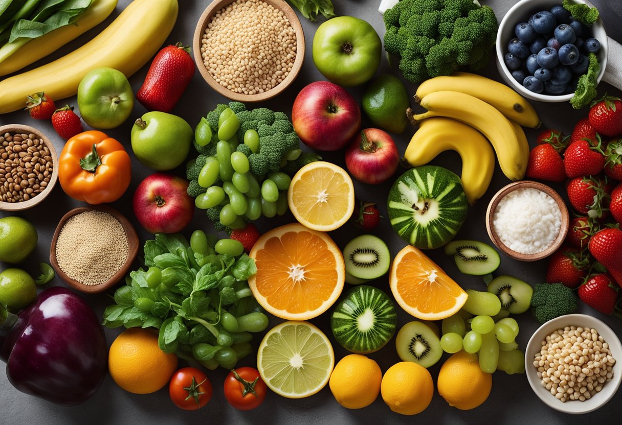 Easy Meals for Meal Planning: A colorful array of fresh fruits, vegetables, grains, and proteins laid out on a clean kitchen counter, ready to be transformed into a variety of easy and nutritious meals for meal planning