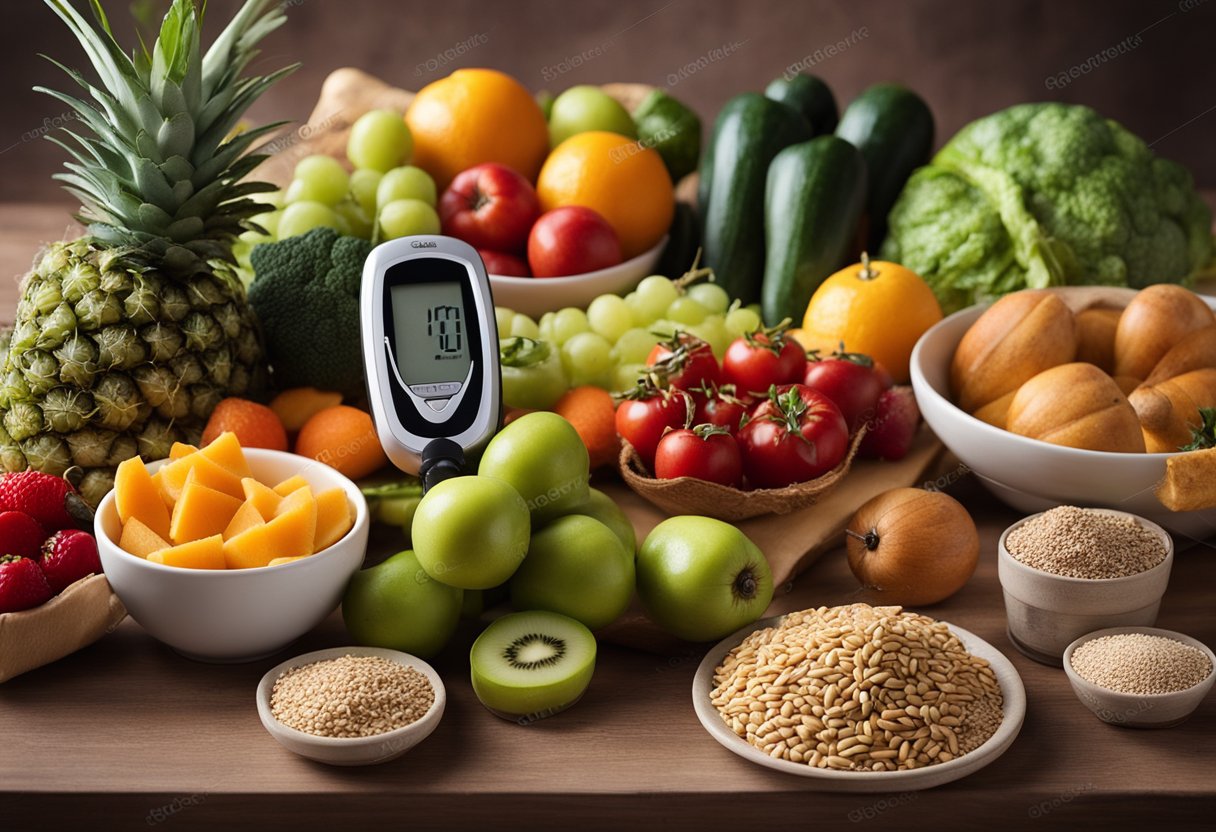 Meal Planning for Type 1 Diabetes: A table with a variety of fresh fruits, vegetables, lean proteins, and whole grains. A blood glucose monitor and insulin pen sit nearby