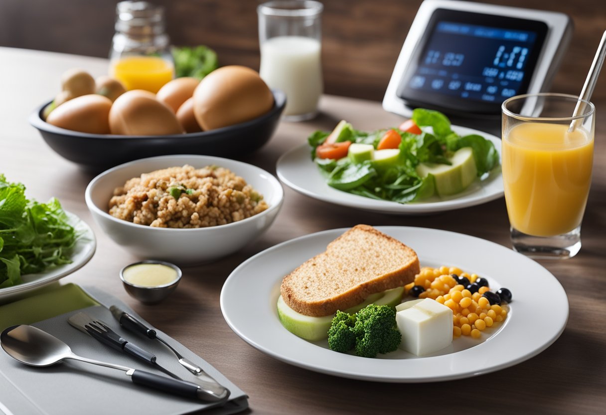 Meal Planning for Type 1 Diabetes: A table with a balanced meal plate, a glucose meter, insulin pen, and a notebook with meal plans and carb counts