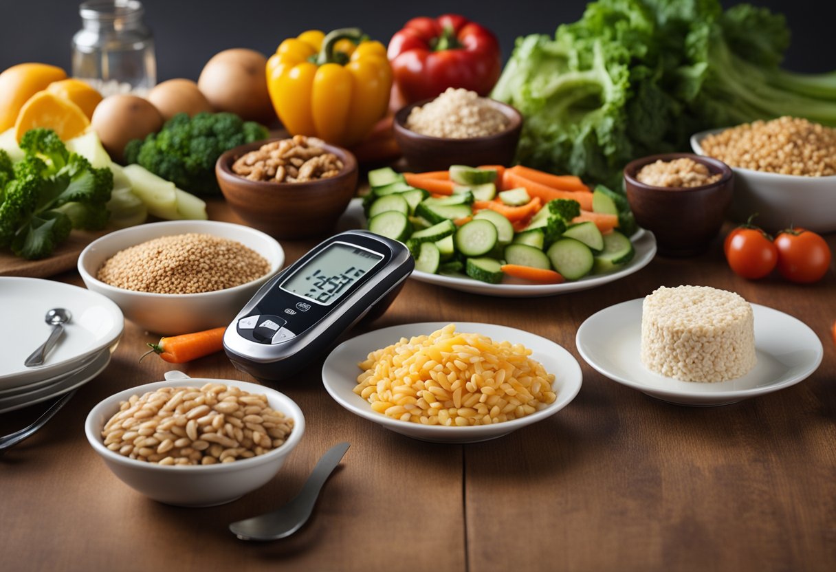 Meal Planning for Type 1 Diabetes: A table set with balanced meal components: vegetables, lean protein, whole grains, and healthy fats. A blood glucose monitor and insulin pen are nearby