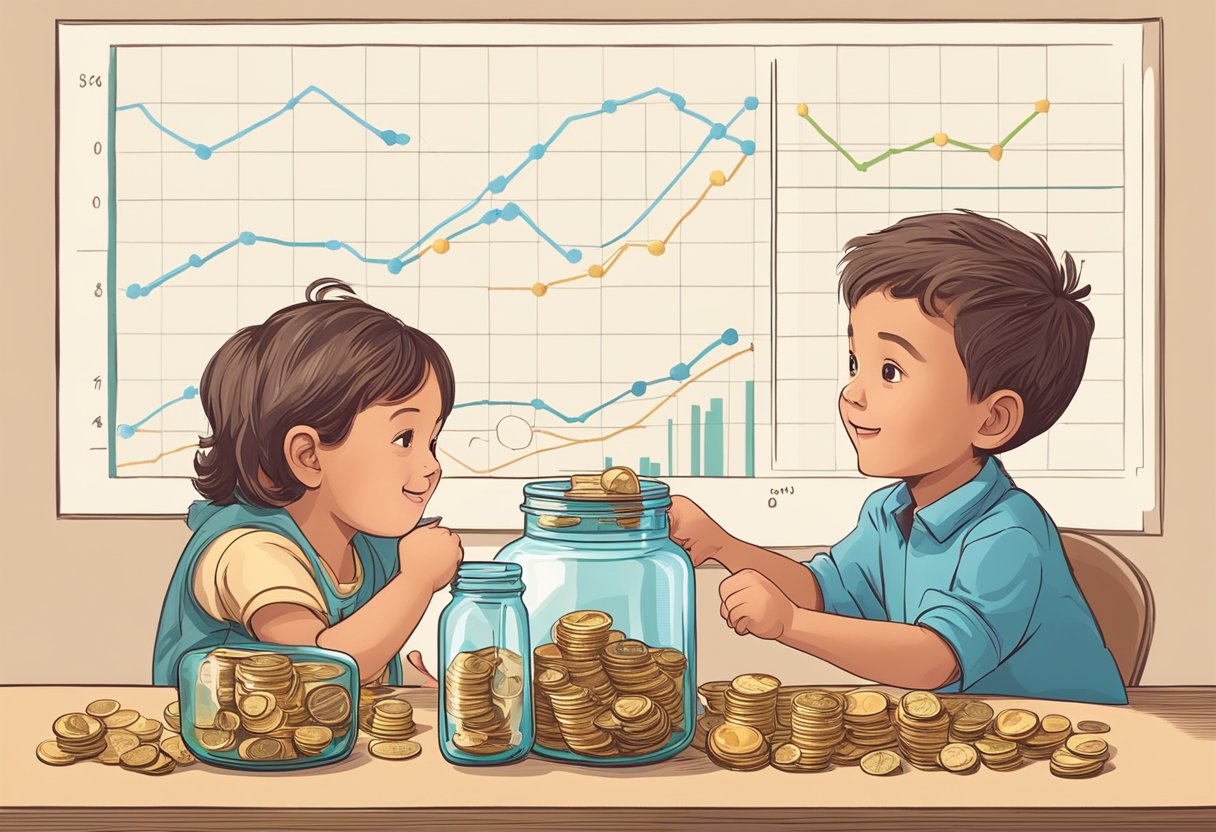 A child sits at a table with a piggy bank and a jar of coins. A parent points to a graph showing the growth of investments over time