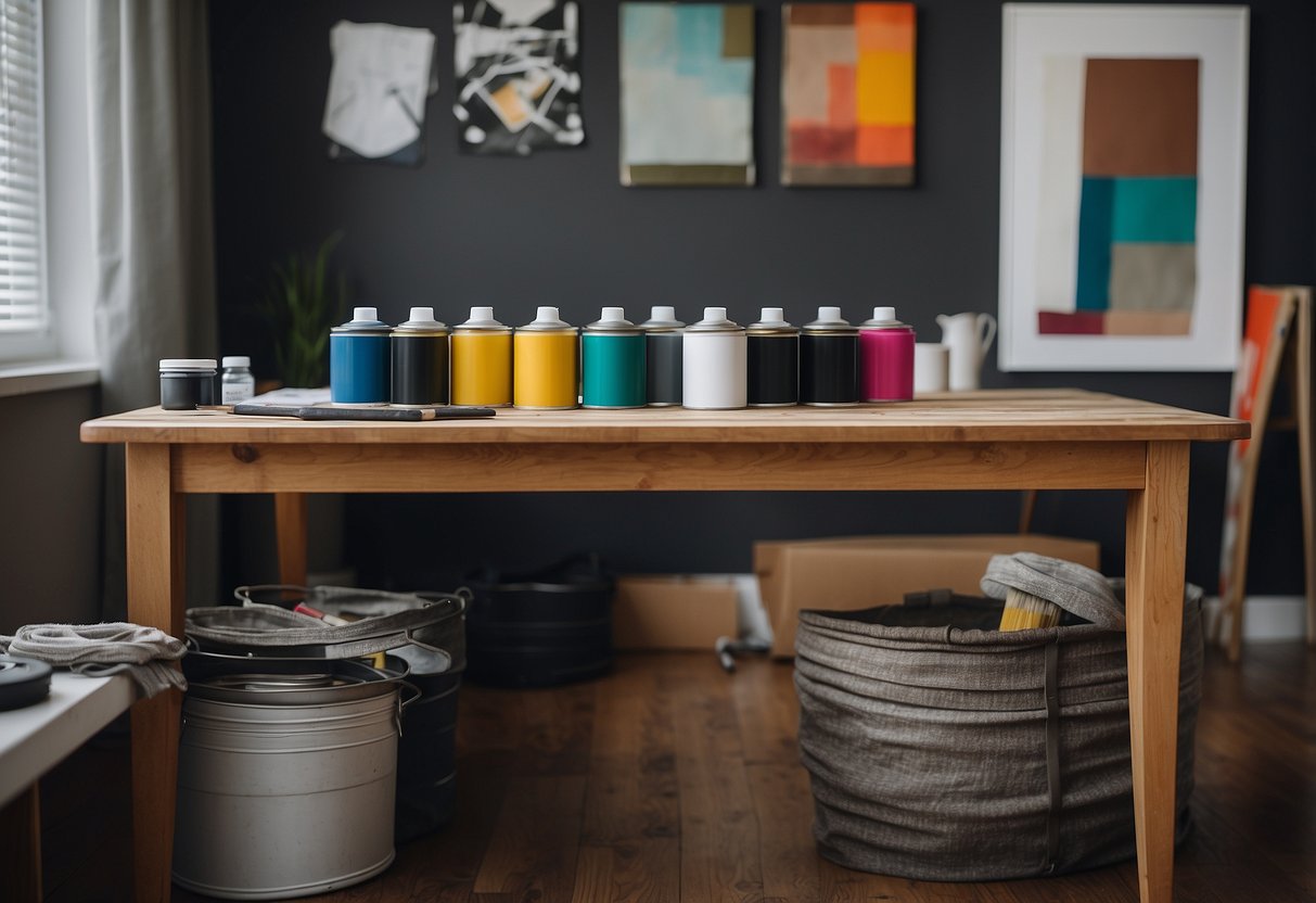 A table with paint cans, brushes, and stencils. A blank wall with tape marks for hanging art. A cluttered desk with fabric swatches and design books