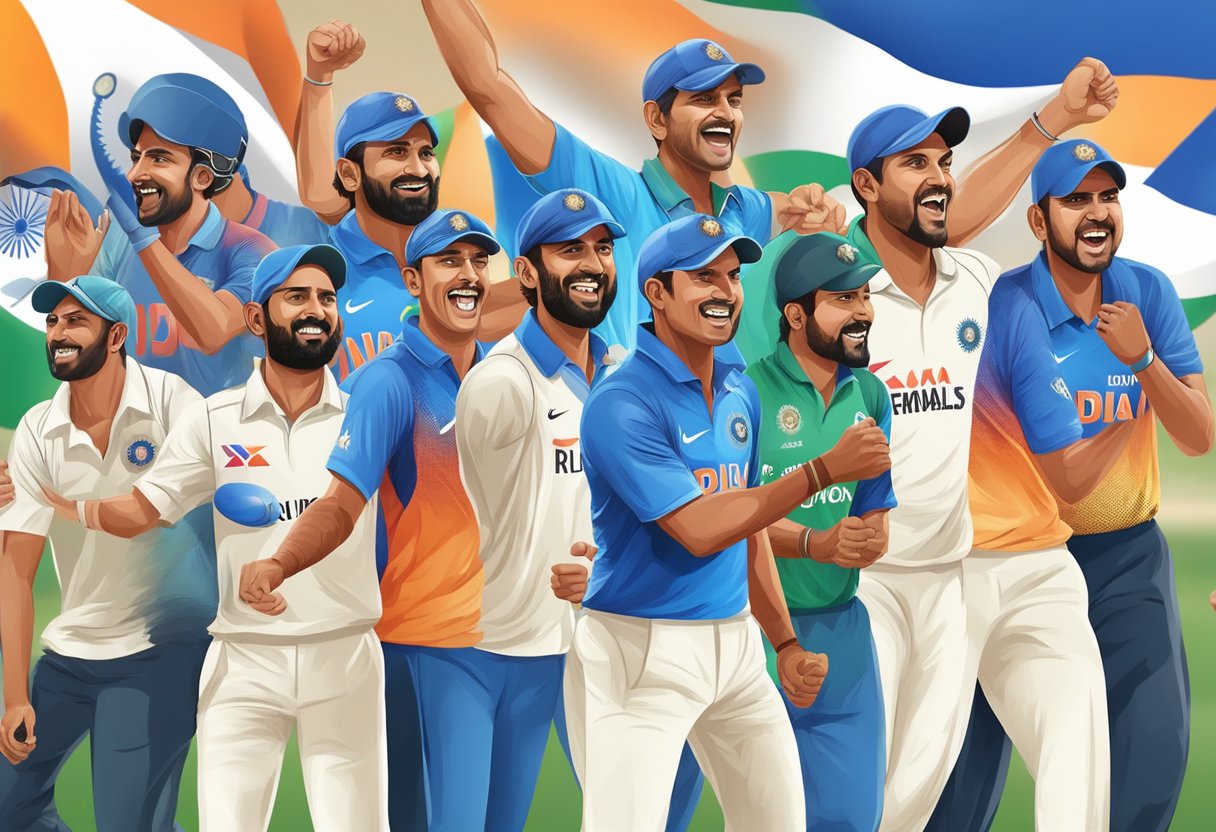 O triunfo indiano no campeonato mundial de críquete T20. Jogadores veteranos do time vencedor comemorando, selecionados como os melhores