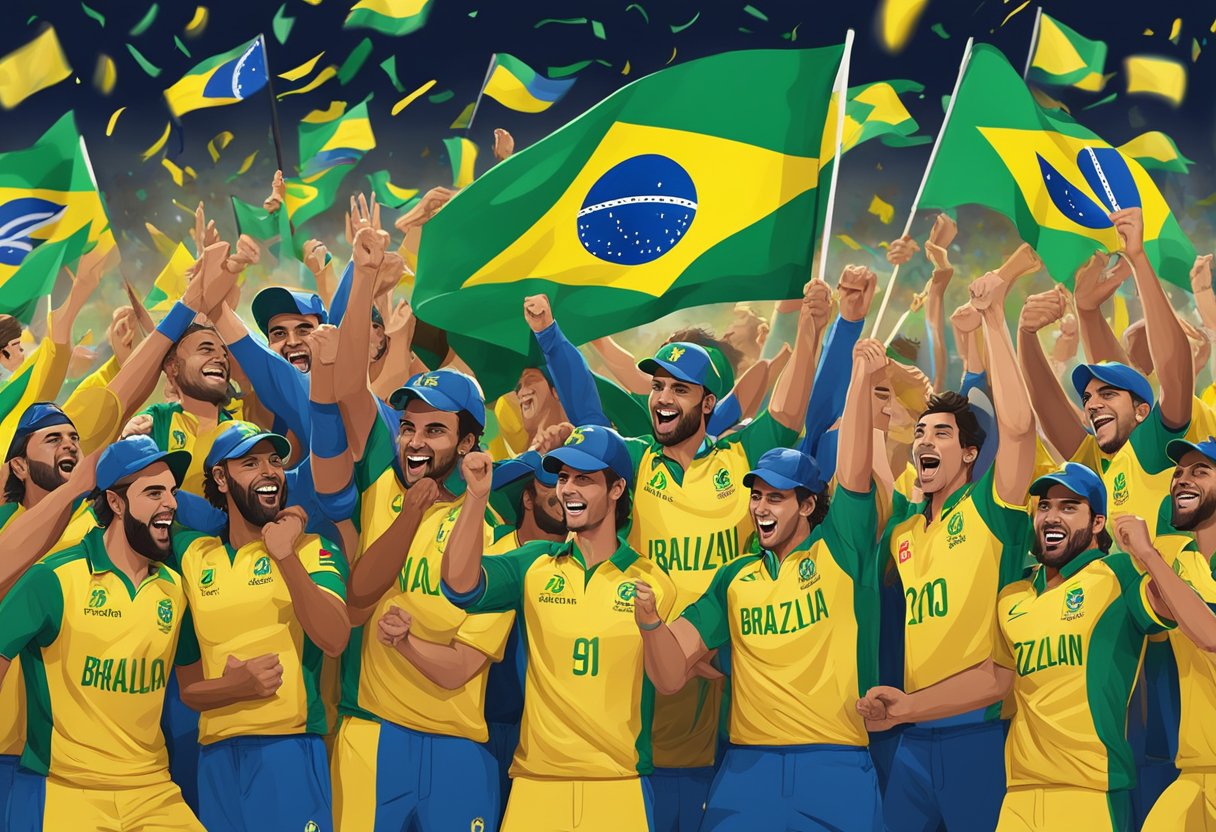 Brazilian cricket team celebrates T20 world championship win, surrounded by cheering fans and waving flags