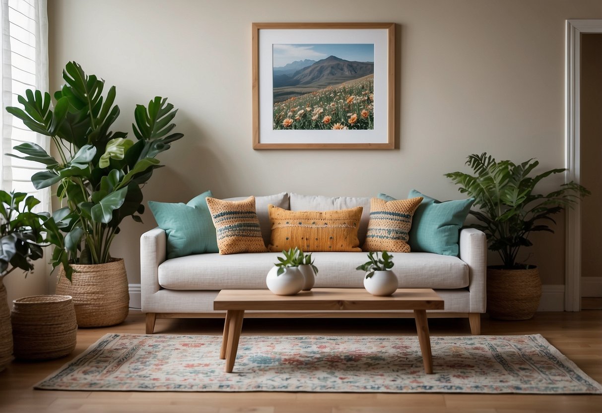 A room with neutral walls, colorful accent pillows, and a statement rug. A gallery wall with mix-and-match frames. Plants and candles for added warmth