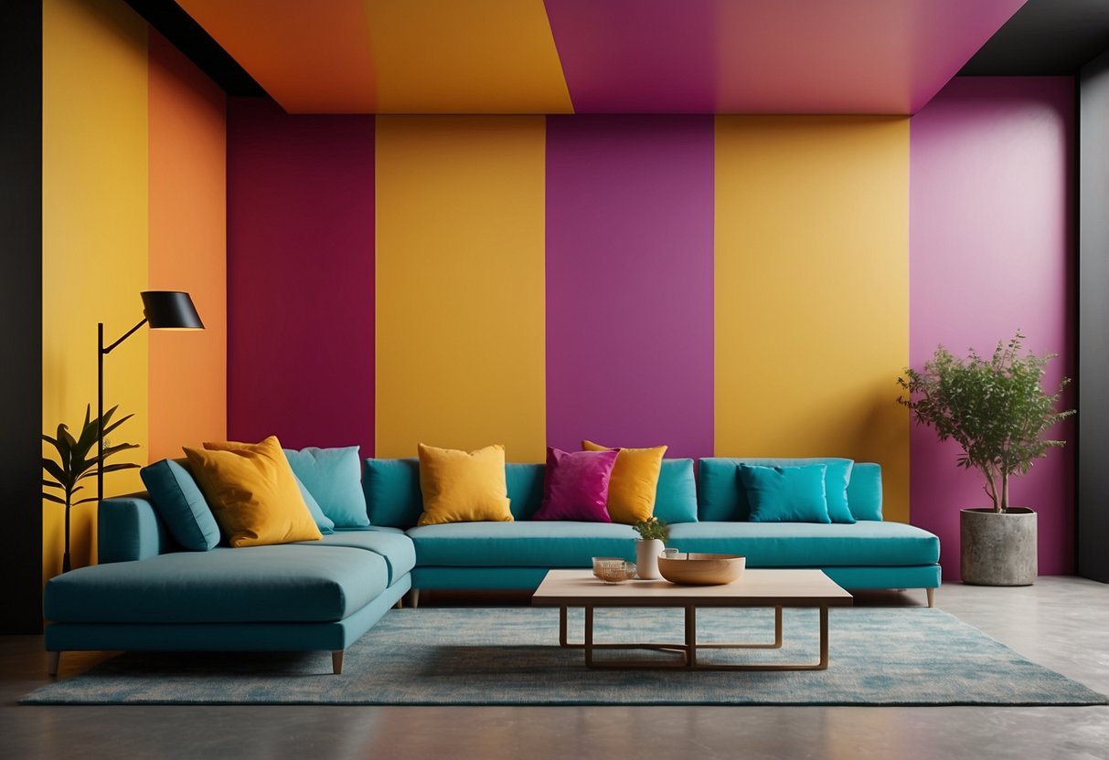 A room with a large open space, divided by a colorful and vibrant paint wall. The paint wall serves as a creative and functional room divider, adding a pop of color and artistic flair to the space