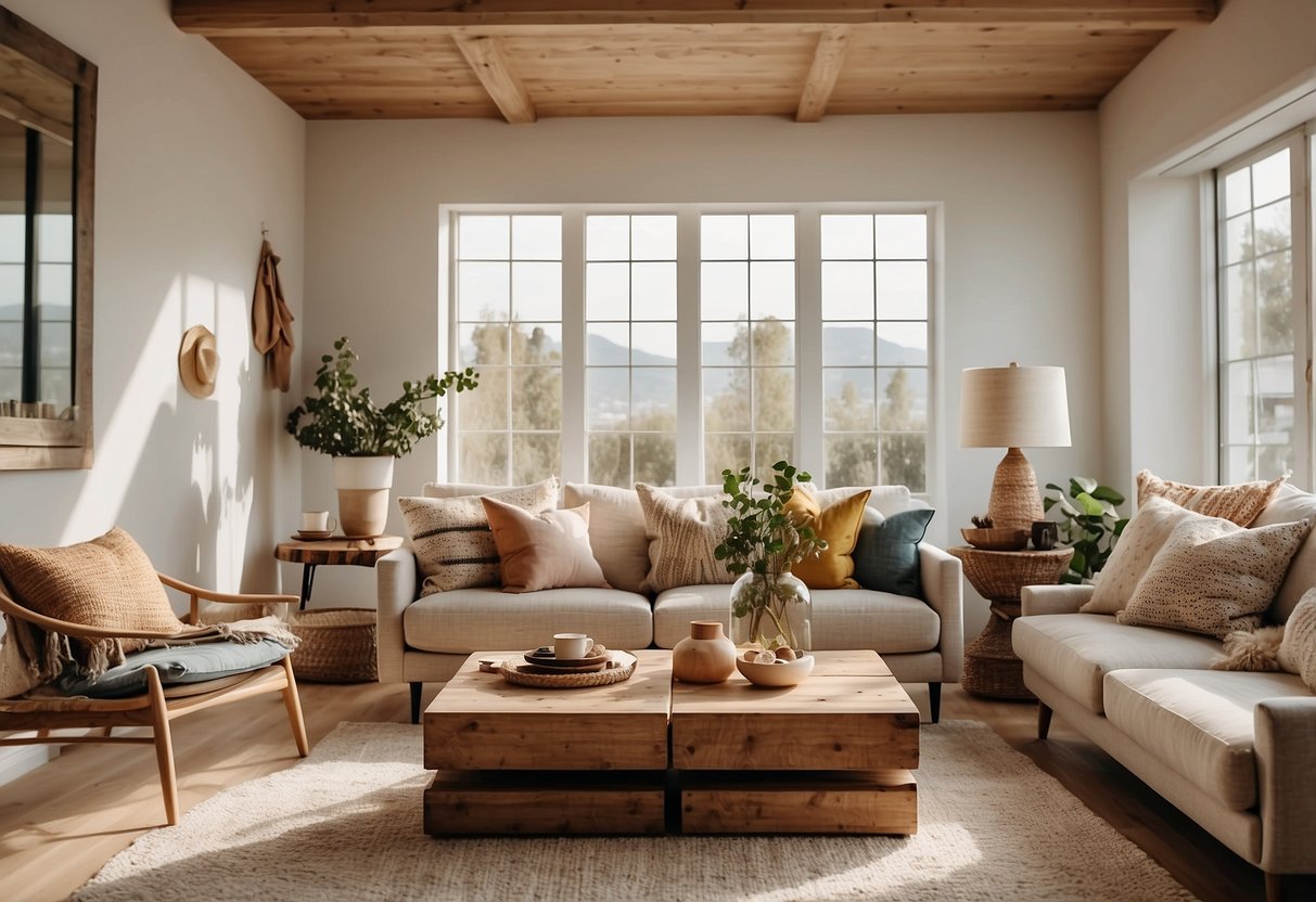 A cozy living room with customized throw pillows, a stylish gallery wall, and unique DIY accents. Bright natural light and warm colors create a welcoming atmosphere