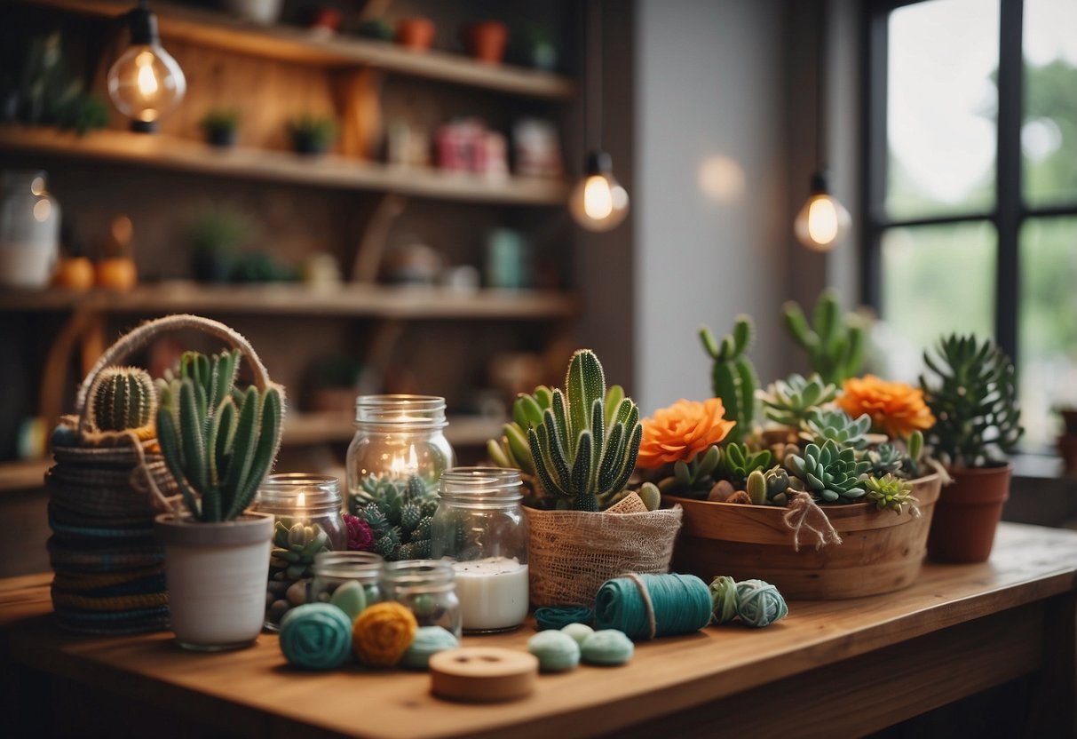 A table with craft supplies, a glue gun, and a stack of colorful fabric. A handmade wreath hangs on the wall, and a shelf displays painted mason jars and succulents