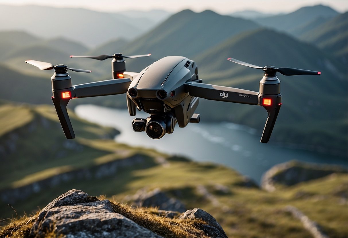 The DJI Mavic 3 drone flies high above a rugged landscape, with mountains in the distance and a winding river below