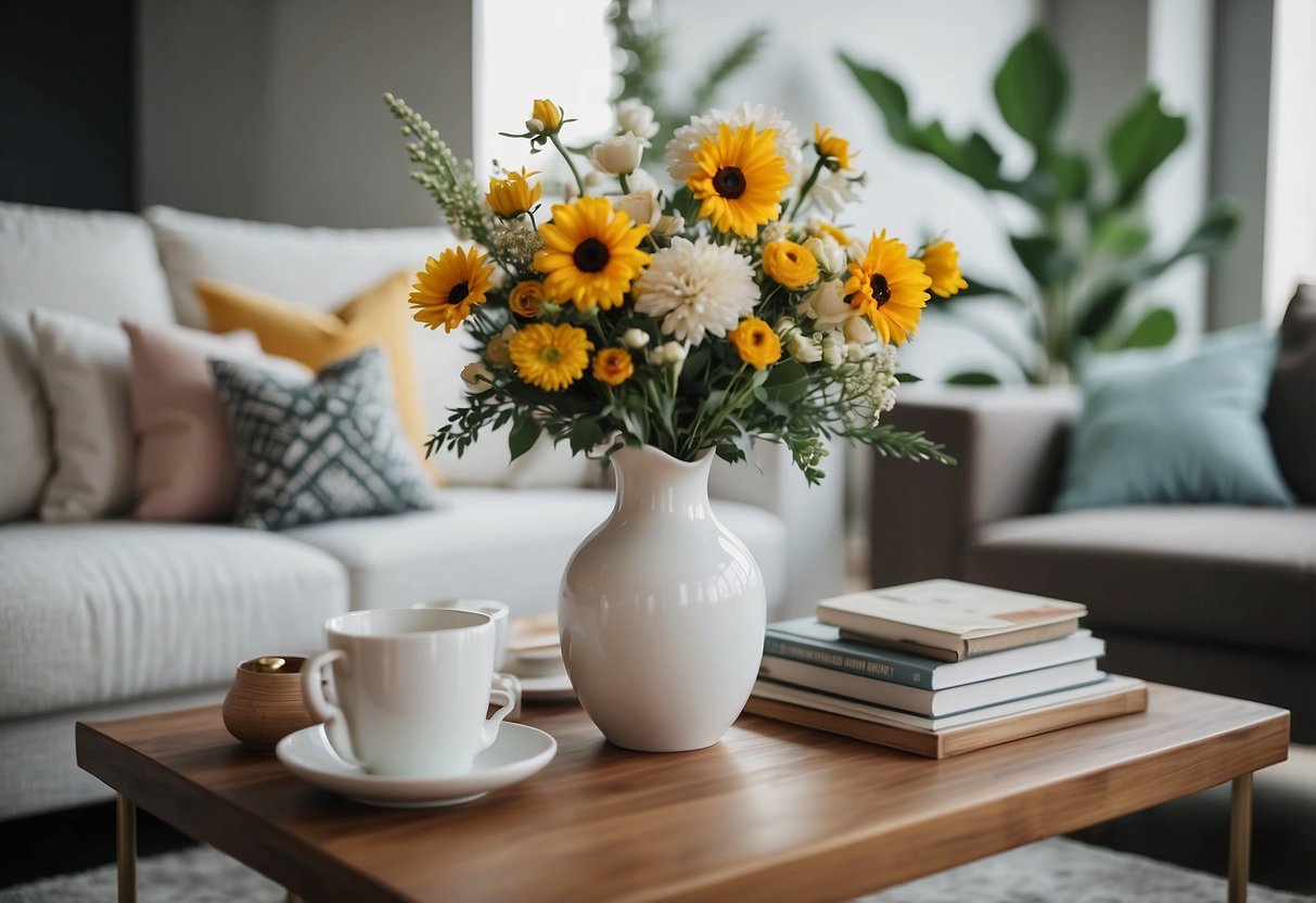 A cozy living room with stylish furniture, colorful throw pillows, and elegant wall art. A vase of fresh flowers sits on the coffee table, adding a touch of nature to the space