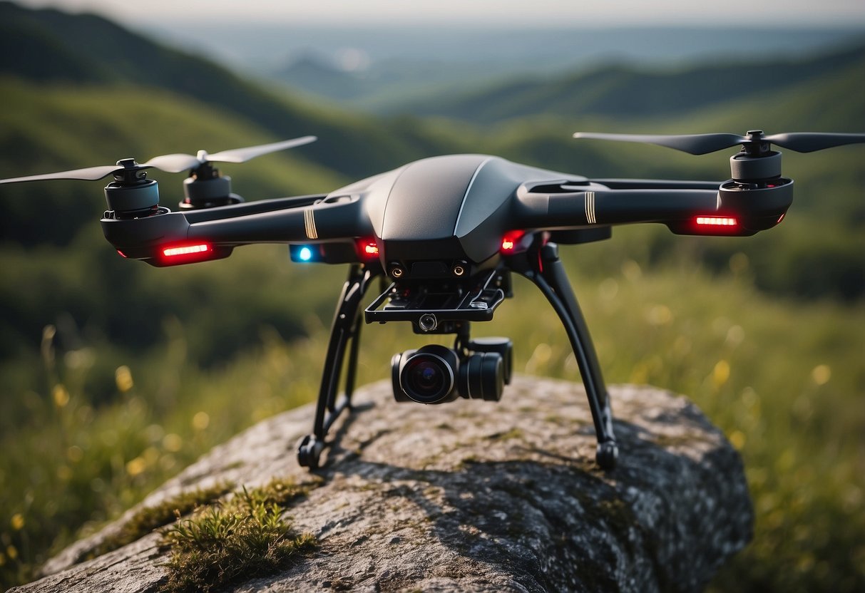 A drone hovers above a serene landscape, capturing the beauty of nature with its camera